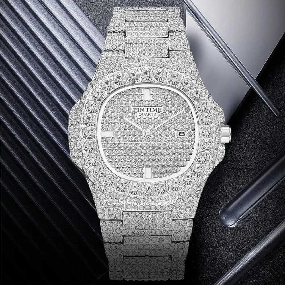 VVS Bustdown Iced Out Unisex Steel Luxury Simulated Diamond Watch Hip Hop